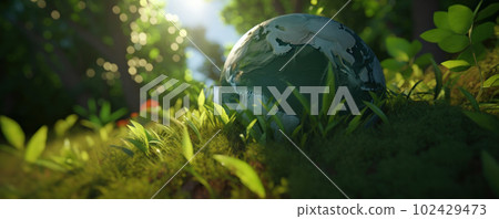 A glass globe nestled on a bed of emerald green moss, a perfect representation of Earth's fragility and the need for conservation. World Environment Day. AI Generative. 102429473