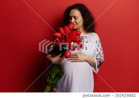 Happy delightful pregnant woman holding a bouquet of red tulips, caressing her belly, posing with her eyes closed on isolated red background, dressed in traditional ukrainian embroidered white dress Happy delightful pregnant woman holding a bouquet of red tulips, caressing her belly, posing with her eyes closed on isolated red background, dressed in traditional ukrainian embroidered white dress 102429882