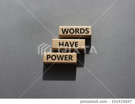Words have power symbol. Wooden blocks with words Words have power. Beautiful grey background. Business and Words have power concept. Copy space. 102429887