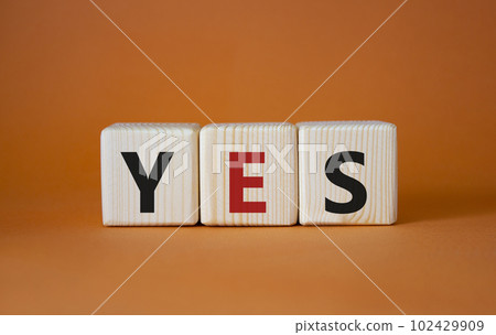 Yes symbol. Wooden blocks with word yes. Beautiful orange background. Business and yes concept. Copy space. 102429909