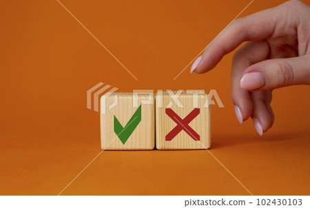 Yes vs No symbol. Businessman hand is making a choice between YES and No symbol. Beautiful orange background. Business concept. Copy space. Yes vs No symbol. Businessman hand is making a choice between YES and No symbol. Beautiful orange background. Business concept. Copy space. 102430103
