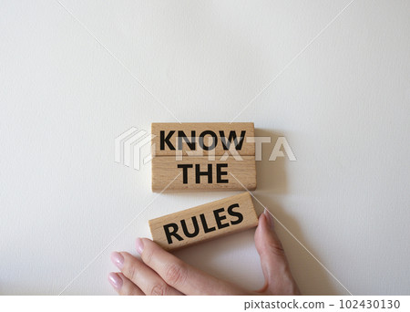 Know the rules symbol. Wooden blocks with words Know the rules. Beautiful white background. Businessman hand. Business and Know the rules concept. Copy space. Know the rules symbol. Wooden blocks with words Know the rules. Beautiful white background. Businessman hand. Business and Know the rules concept. Copy space. 102430130