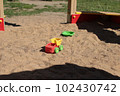 Plastic toys in the sandbox at the playground. Car, saucer 102430742