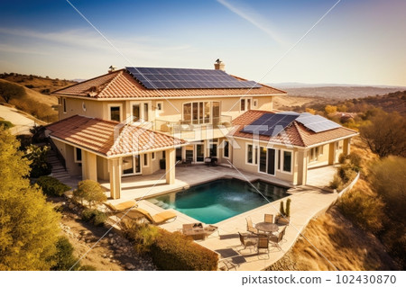 Solar panels on roof of the house renewable energy . Generative AI 102430870