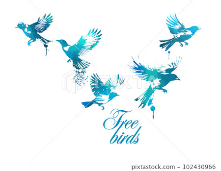 A flock of blue watercolor flying birds. Free birds abstraction Vector illustration 102430966