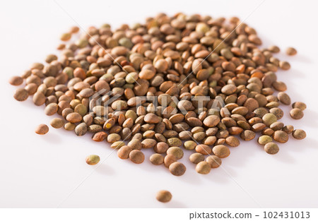 Raw lentils on white background 102431013