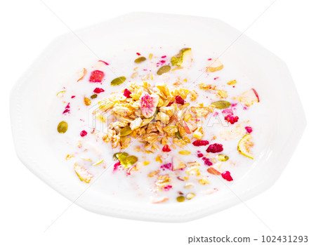 Granola with dried fruits and milk Granola with dried fruits and milk 102431293