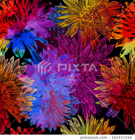 Seamless pattern of colored chrysanthemums. On a dark background. Vector illustration Seamless pattern of colored chrysanthemums. On a dark background. Vector illustration 102431584