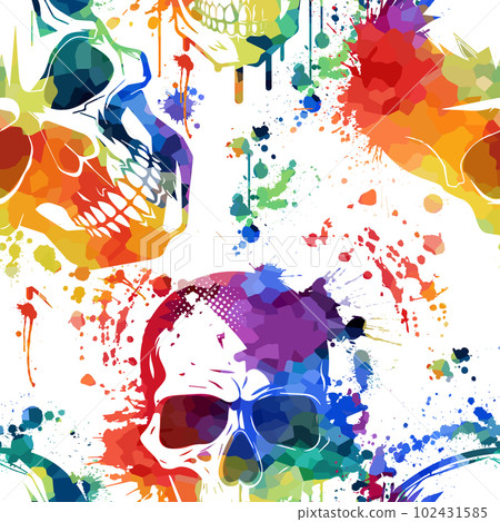 Grunge seamless pattern with colorful skulls. Vector illustration. Grunge seamless pattern with colorful skulls. Vector illustration. 102431585