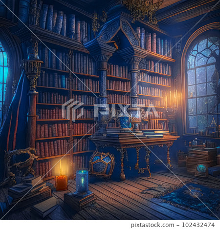 Fantasy vintage library illustration. Generative AI 102432474