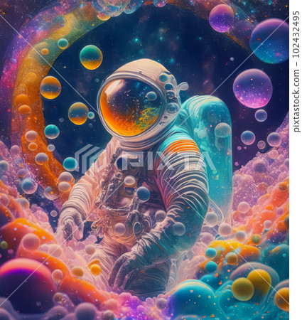 Image of an astronaut in a colorful galaxy of bubbles on another planet. Image of an astronaut in a colorful galaxy of bubbles on another planet. 102432495