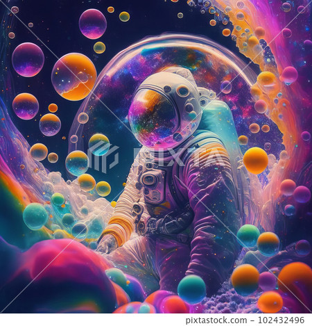 Image of an astronaut in a colorful galaxy of bubbles on another planet. Image of an astronaut in a colorful galaxy of bubbles on another planet. 102432496