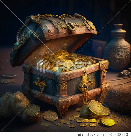 Image of an ancient treasure in a chest. Generative AI Image of an ancient treasure in a chest. Generative AI 102432510
