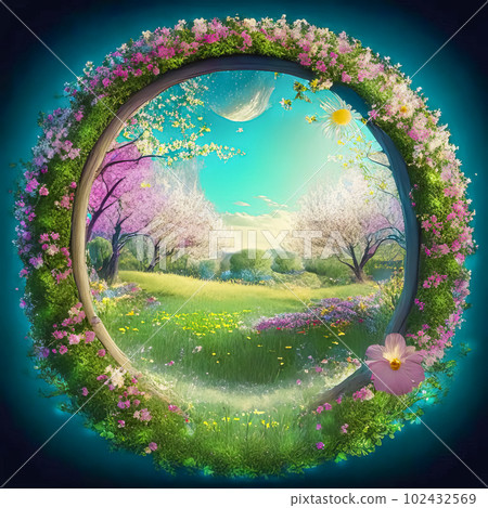 Magical meadow with spring flowering trees. Round frame with copy space 102432569