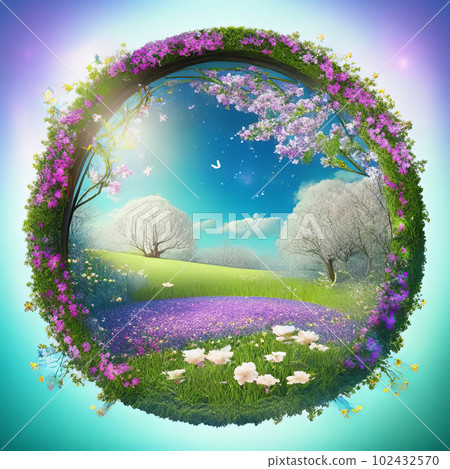 Magical meadow with spring flowering trees. Round frame with copy space 102432570