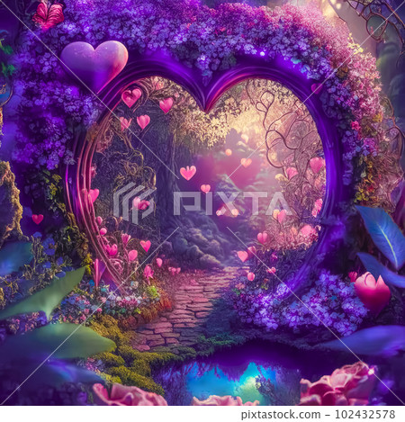 Fantasy romantic background with rose garden and flower arch. Generative AI 102432578