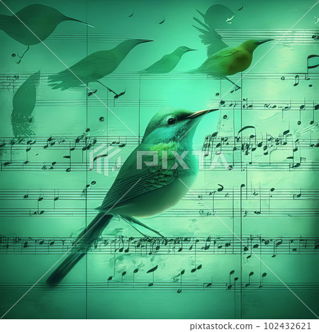 Illustration of music, notes and birdsong in pastel colors Illustration of music, notes and birdsong in pastel colors 102432621