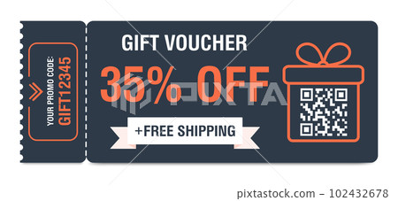 Discount coupon 35 percent off. Gift voucher with percentage marks, qr code and promo codes for website, internet ads, social media. Vector illustration Discount coupon 35 percent off. Gift voucher with percentage marks, qr code and promo codes for website, internet ads, social media. Vector illustration 102432678