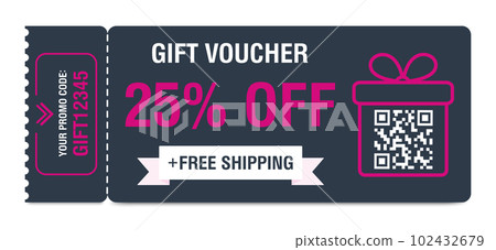 Discount coupon 25 percent off. Gift voucher with percentage marks, qr code and promo codes for website, internet ads, social media. Vector illustration Discount coupon 25 percent off. Gift voucher with percentage marks, qr code and promo codes for website, internet ads, social media. Vector illustration 102432679