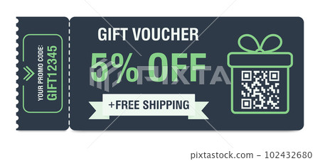 Discount coupon 5 percent off. Gift voucher with percentage marks, qr code and promo codes for website, internet ads, social media. Vector illustration Discount coupon 5 percent off. Gift voucher with percentage marks, qr code and promo codes for website, internet ads, social media. Vector illustration 102432680