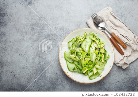 Healthy vegan green avocado salad bowl with sliced cucumbers, edamame beans, olive oil and herbs on ceramic plate top view, grey stone rustic table background. Copy space Healthy vegan green avocado salad bowl with sliced cucumbers, edamame beans, olive oil and herbs on ceramic plate top view, grey stone rustic table background. Copy space 102432728