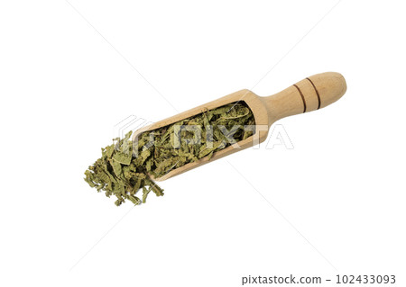 Dried leaves o Lemon verbena in latin Aloysia citrodora in wooden scoop isolated on white background. Medicinal herb. Dried leaves o Lemon verbena in latin Aloysia citrodora in wooden scoop isolated on white background. Medicinal herb. 102433093