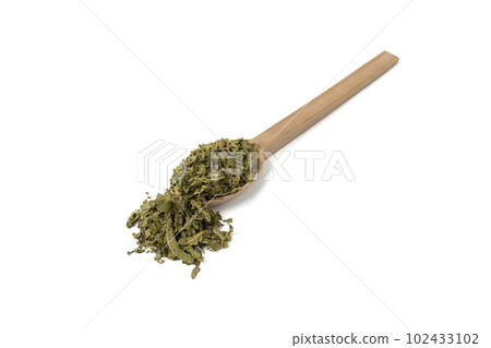 Dried leaves o Lemon verbena in latin Aloysia citrodora on wooden spoon isolated on white background. Medicinal. herb. 102433102