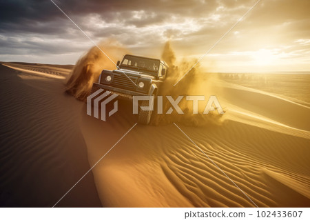 Four-wheel drive vehicle jump over sand dunes. Concept sense of adventure and excitement. Generative AI Four-wheel drive vehicle jump over sand dunes. Concept sense of adventure and excitement. Generative AI 102433607