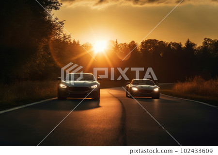 Driving a sport car with the sun directly behind them in a picturesque halo effect, backlighting their carefree joyride. Generative AI. Driving a sport car with the sun directly behind them in a picturesque halo effect, backlighting their carefree joyride. Generative AI. 102433609