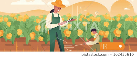 Farmer use smartphone and robo assistant. Leaf analysis and foliar fertilization. Agriculture farming technology concept. Generative AI 102433610