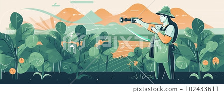 Farmer use smartphone and robo assistant. Leaf analysis and foliar fertilization. Agriculture farming technology concept. Generative AI 102433611