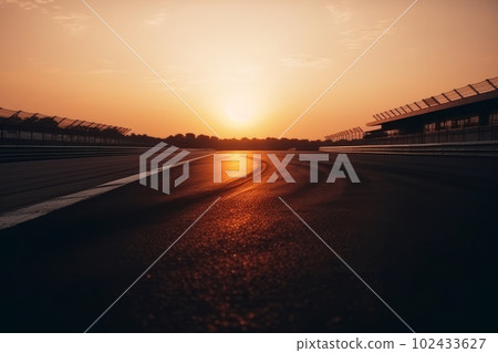 Low angle view chicane on race track track at sunset. Generative AI. Low angle view chicane on race track track at sunset. Generative AI. 102433627