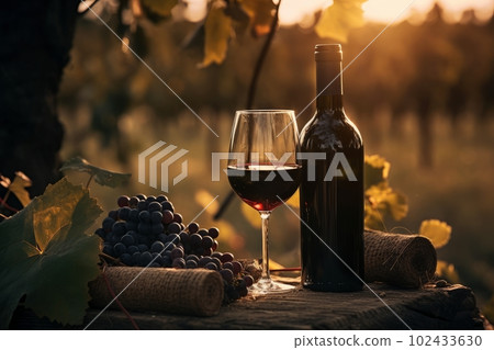 Wine bottle and glass of wine in vineyard at sunset. Grapes complete the scene. Generative AI. Wine bottle and glass of wine in vineyard at sunset. Grapes complete the scene. Generative AI. 102433630