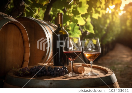 Wine bottle and glass of wine in vineyard at sunset. Grapes and barrel complete the scene. Generative AI. Wine bottle and glass of wine in vineyard at sunset. Grapes and barrel complete the scene. Generative AI. 102433631