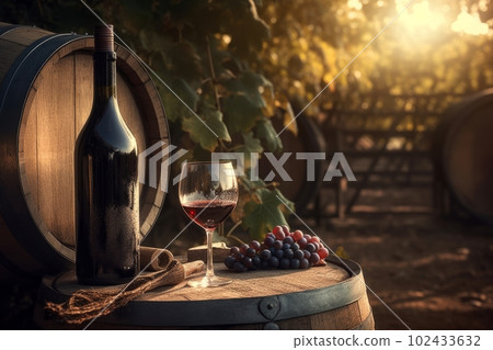 Wine bottle and glass of wine in vineyard at sunset. Grapes and barrel complete the scene. Generative AI. Wine bottle and glass of wine in vineyard at sunset. Grapes and barrel complete the scene. Generative AI. 102433632