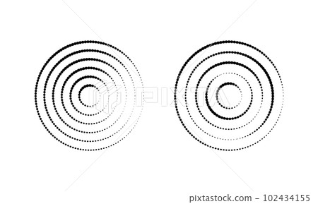 Circular ripple icons. Concentric circles with polka dot interrupted lines isolated on white background. Sonar wave, soundwave, vortex, sunburst, signal symbols 102434155