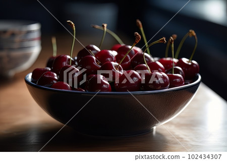 Large ripe juicy tasty cherries in a ceramic bowl on a dark background made with generative AI Large ripe juicy tasty cherries in a ceramic bowl on a dark background made with generative AI 102434307