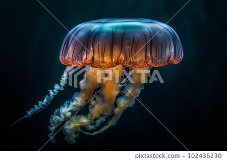 Jellyfish floating in the water. The jellyfish should be translucent and glowing, with long tentacles trailing behind it. Generative AI 102436230