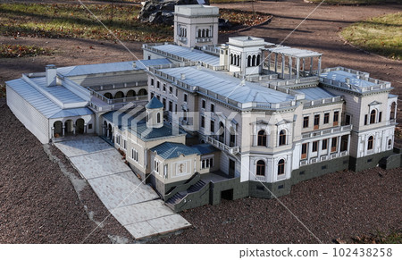 Kyiv, Ukraine November 11, 2021: Livadia Palace building - Crimean coast architect Monighetti 1886 - miniature museum Kyiv, Ukraine November 11, 2021: Livadia Palace building - Crimean coast architect Monighetti 1886 - miniature museum 102438258