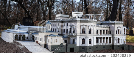 Kyiv, Ukraine November 11, 2021: Livadia Palace building - Crimean coast architect Monighetti 1886 - miniature museum Kyiv, Ukraine November 11, 2021: Livadia Palace building - Crimean coast architect Monighetti 1886 - miniature museum 102438259