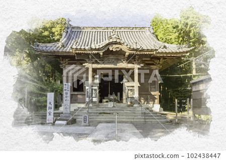 水彩風格的四國 88 寺第 8 號熊谷寺本堂，阿波市，德島縣 102438447