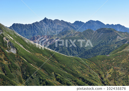 Yari and the Hotaka mountain range seen from the headwaters of the Kurobe River Yari and the Hotaka mountain range seen from the headwaters of the Kurobe River 102438876