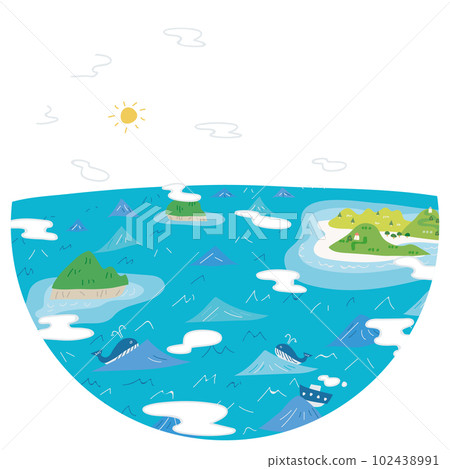 A round illustration of a cloudy sea and an island 102438991
