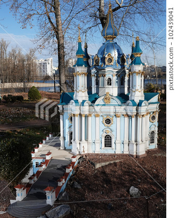 Kiev, Ukraine November 11, 2021: Museum of Miniatures - a miniature building of St. Andrew's Church in the city of Kiev 102439041