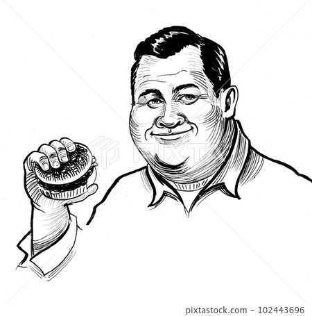 Man eating a burger. Ink black and white drawing Man eating a burger. Ink black and white drawing 102443696