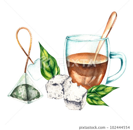 Watercolor mug of tea and a spoon with a tea plant 102444554
