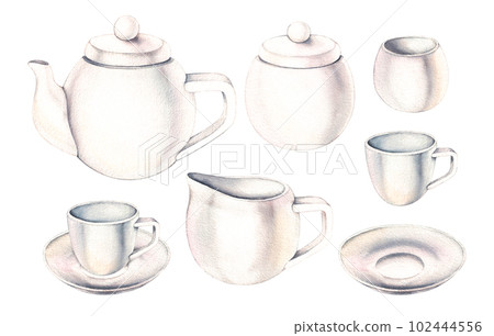 Watercolor set of white ceramic dishes on a white background 102444556