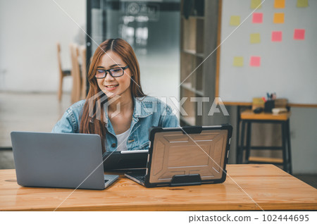 Female programmer working on coding, software development and web design.Concept technology development. Female programmer working on coding, software development and web design.Concept technology development. 102444695