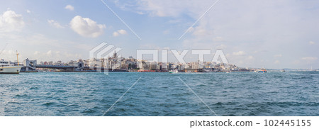 Istanbul city skyline in Turkey, Beyoglu district old houses with Galata tower on top, view from the Golden Horn 102445155