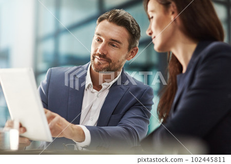 Theyll achieve success together. two businesspeople meeting in the office. 102445811